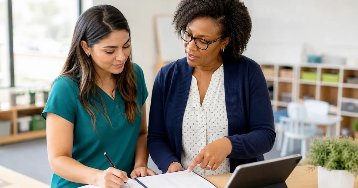 A BCBA and an RBT review a child's ABA therapy plan together in a bright, warm center-based clinic in Minnesota