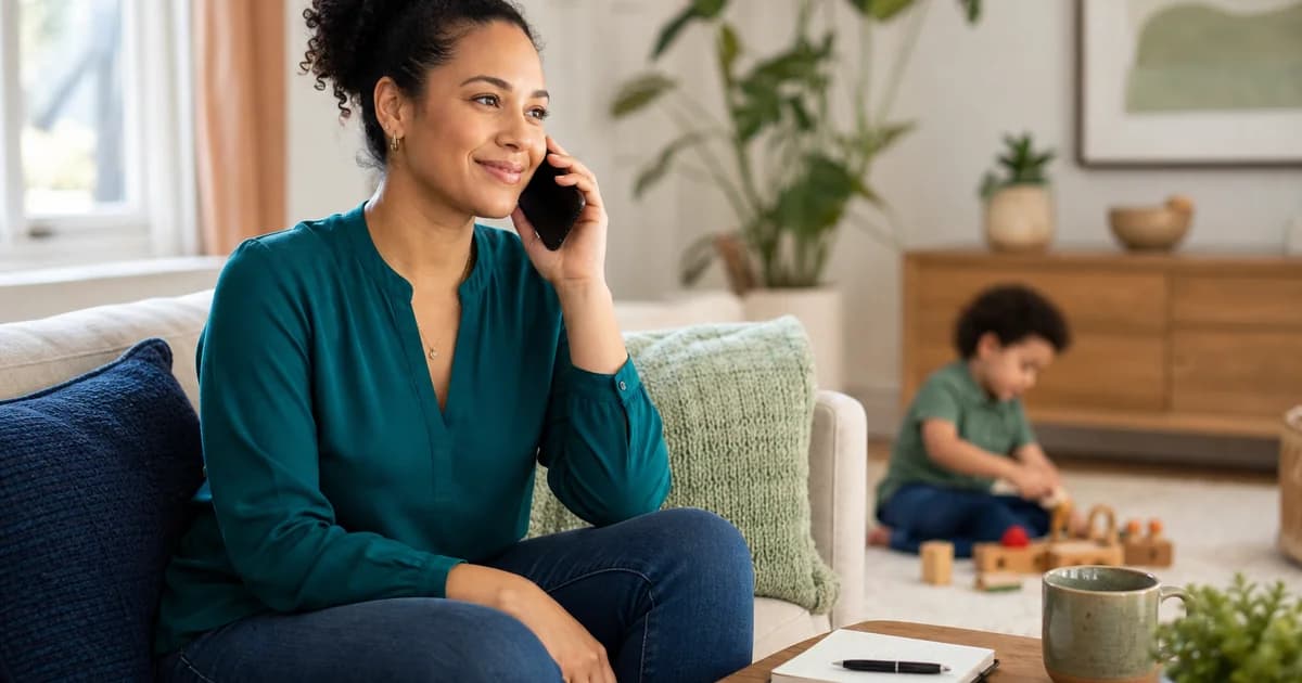 A Minnesota parent calmly checks her child's ABA therapy insurance coverage by phone while her young child plays nearby