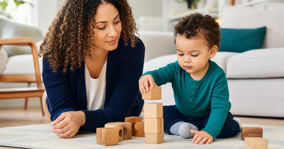 A mother lying on the floor watching her toddler stack wooden blocks in a bright, calm living room — attentive early observation of child development