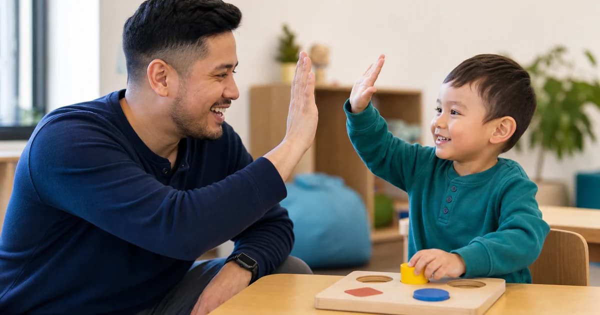 A male ABA therapist high-fives a smiling young child who just finished a shape-sorting activity in a bright therapy room