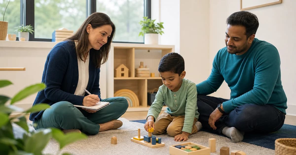 An evaluator takes notes while a parent and young child play together during an autism evaluation in a calm, bright room