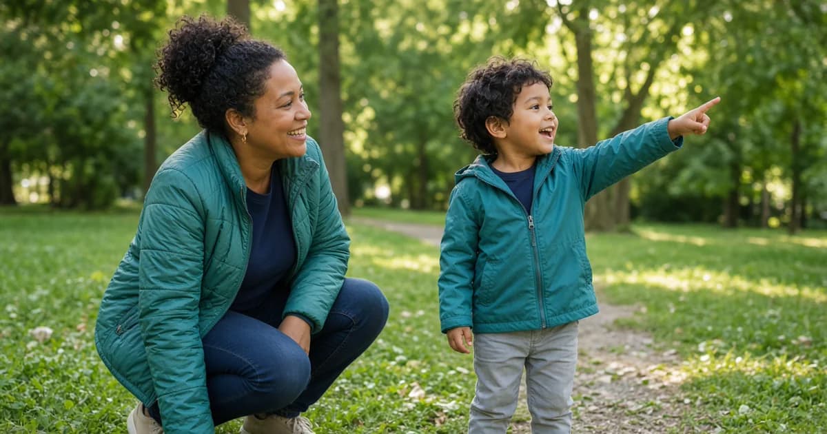 A parent and young child smiling in a green park as the child points ahead, reflecting skills ABA therapy helps build