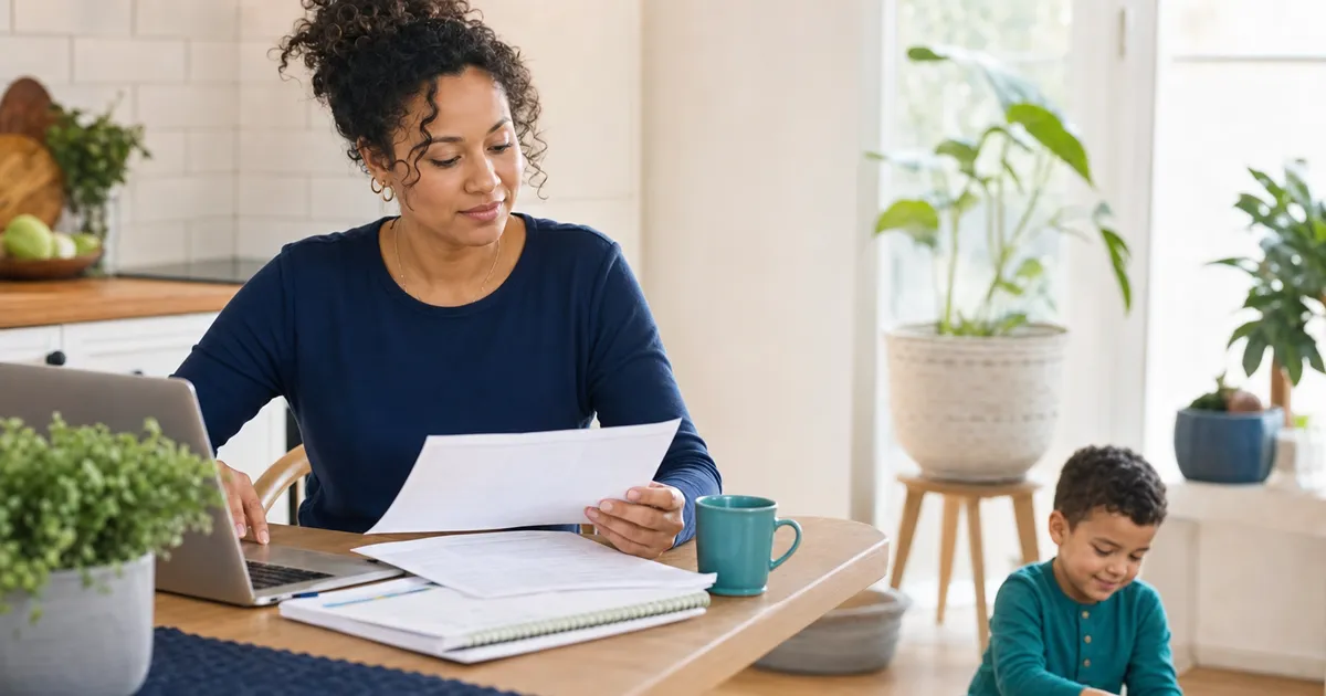 A Minnesota parent reviews EIDBI benefit paperwork at a kitchen table while her young child plays calmly nearby