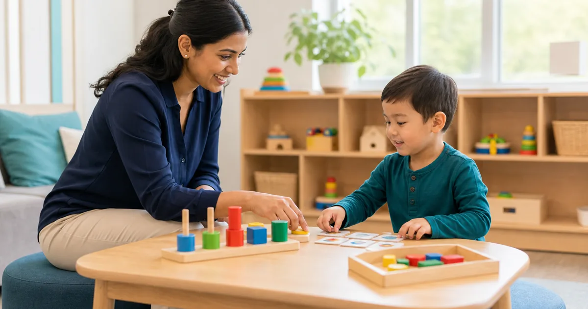 A behavior therapist and a young child do a playful tabletop learning activity in a bright center-based ABA therapy room